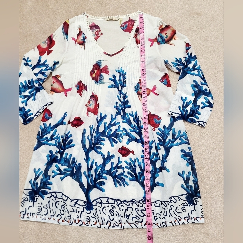 Soft Surroundings Oversized XS 100% Cotton Tunic Blouse Fish Coral Print Woman - Picture 9 of 13